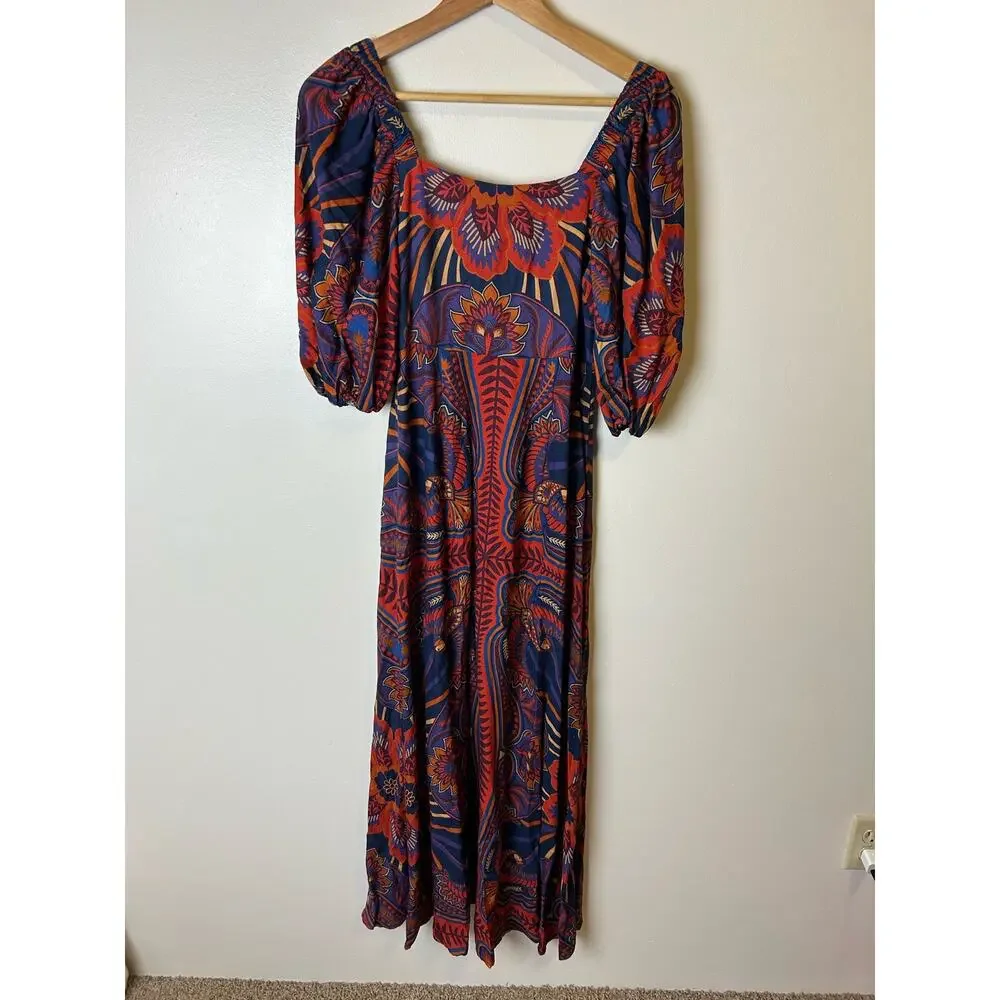Farm Rio Anthropologie‎ Macaw Arabesque Midi Dress Puffed Sleeves Boho Sz XS - Picture 3 of 6